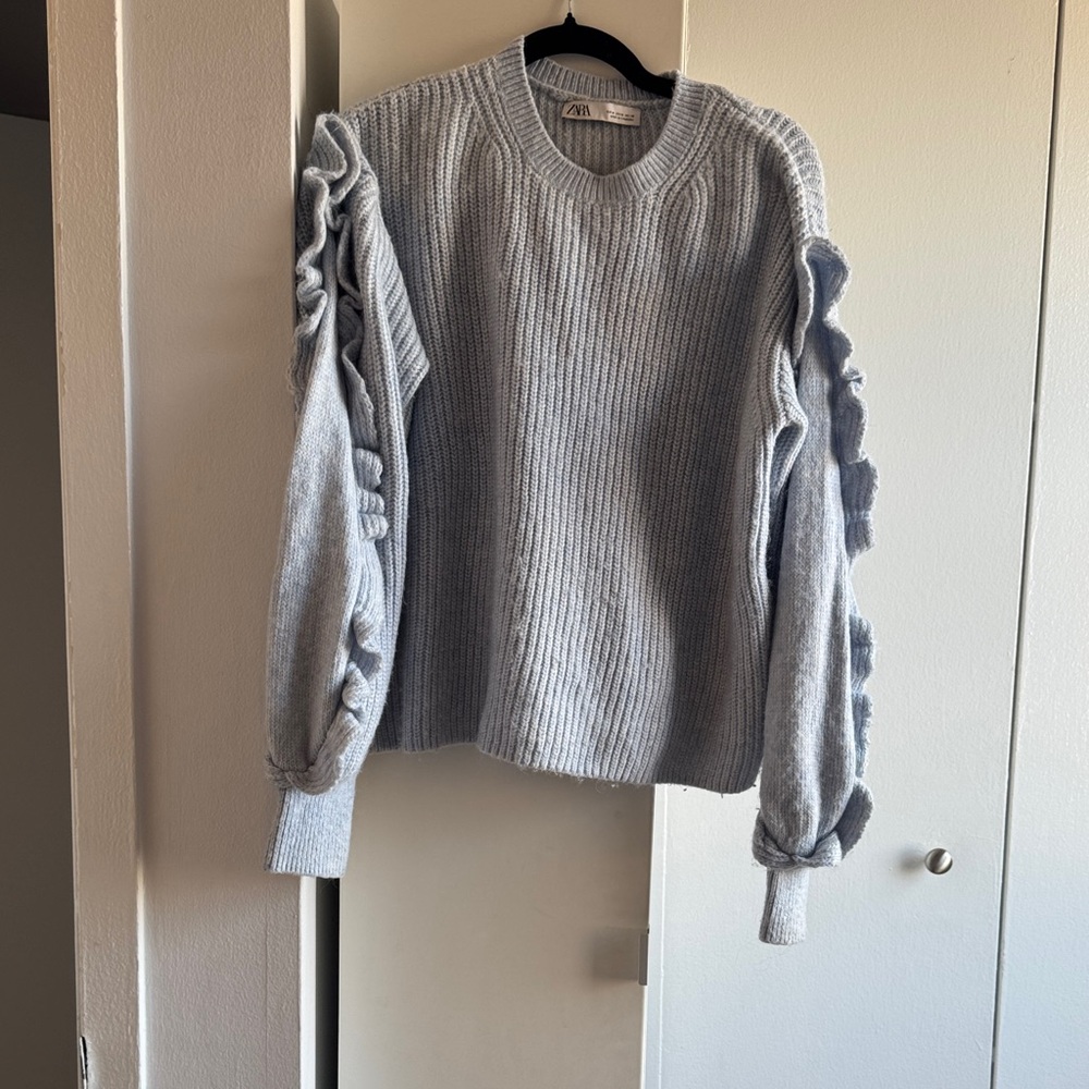 Zara Light blue Knit Sweater with Ruffle Details